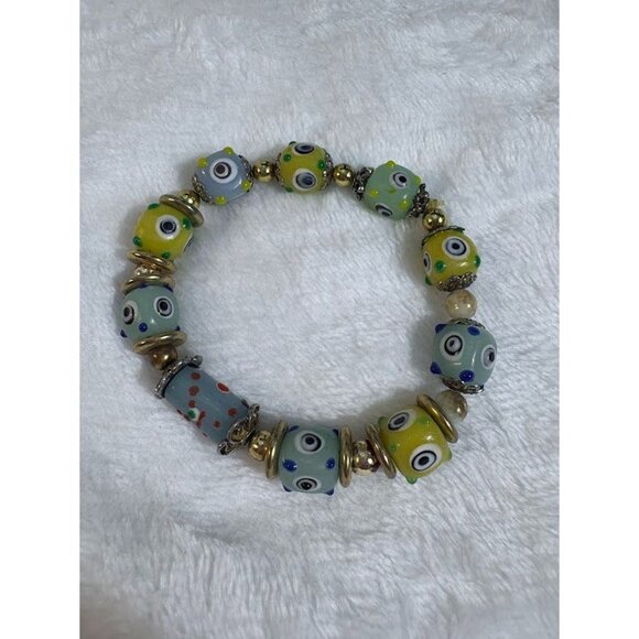 Lot of 5 Art Glass Lampwork Millefiori Cat's Eye Crackle Beaded Stretch Bracelet - Picture 7 of 8